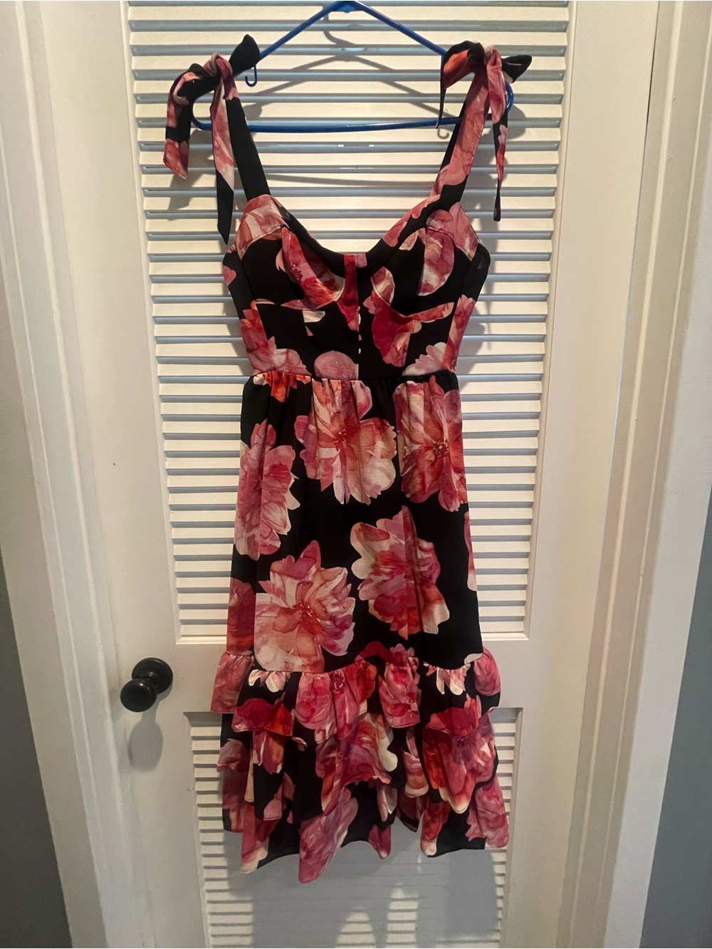 Floral Tie-Strap Ruffle Sundress - Black with Pink Floral